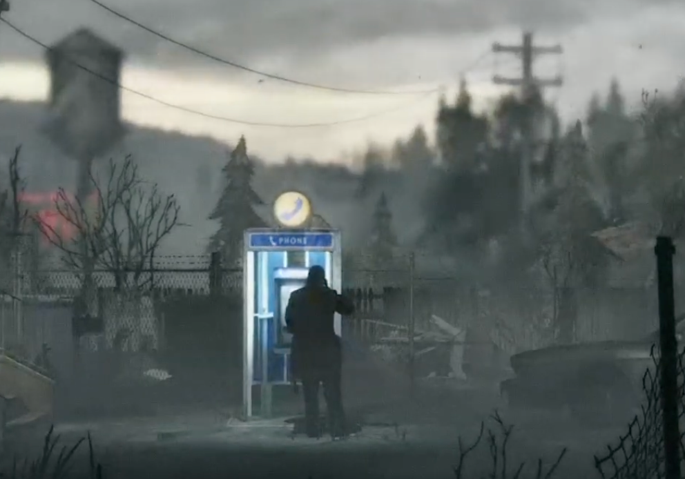 A lit payphone booth outside the diner in Silver Pines.