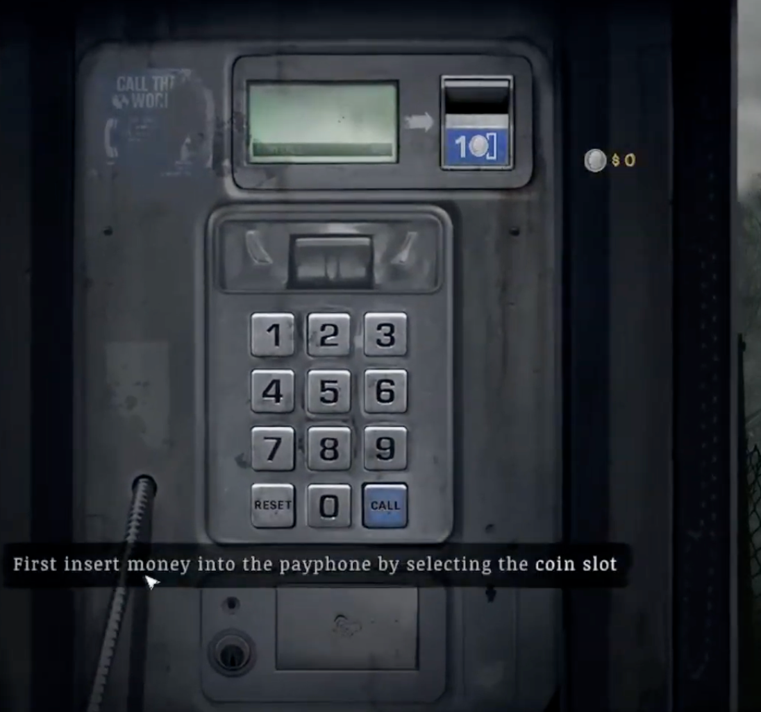 The payphone tutorial pointing to the coin slot.