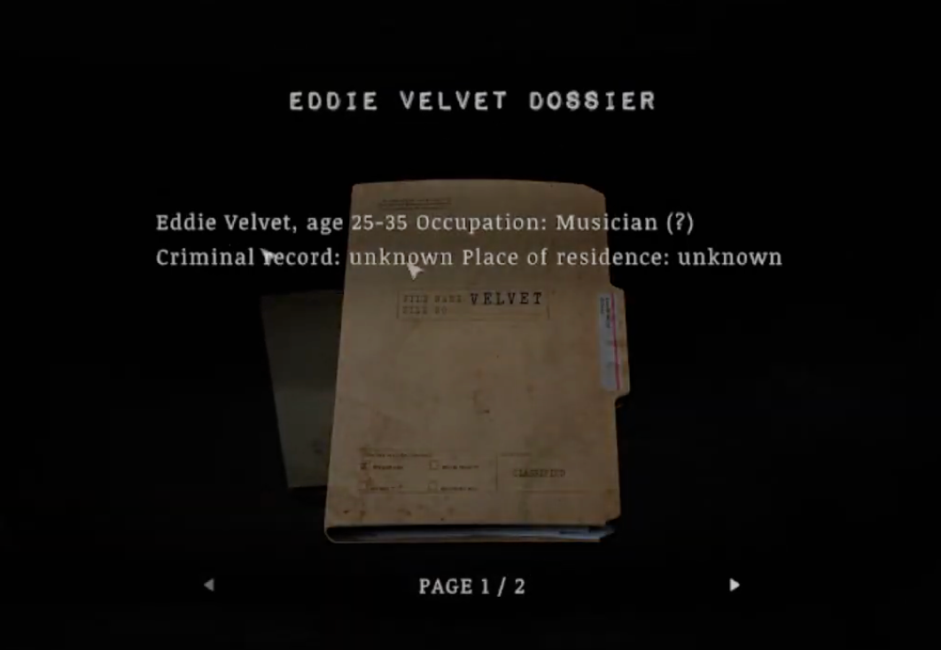 The first page of Eddie Velvet's dossier.