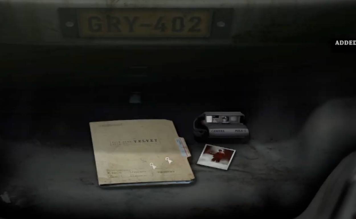 Eddie Velvet's dossier and the camera inside Red Walker's car trunk.