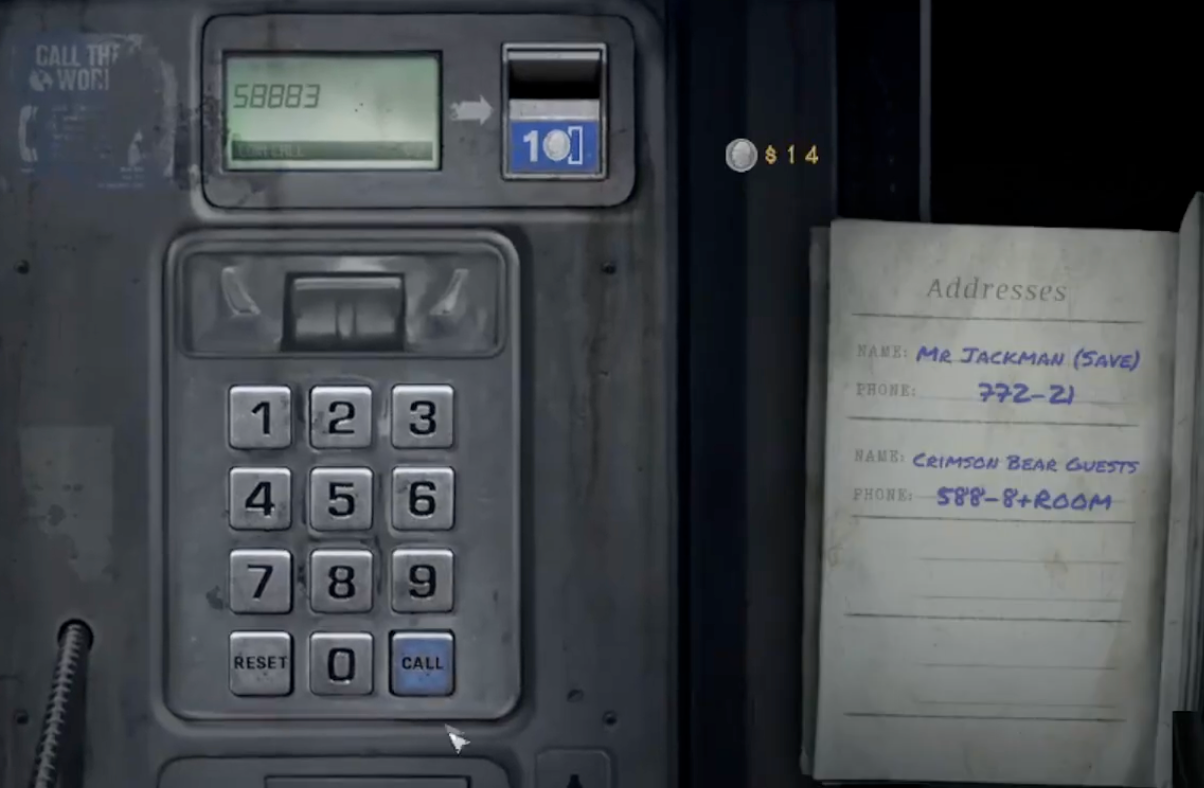 The motel payphone address book used to call a Crimson Bear guest room without showing the locker code.