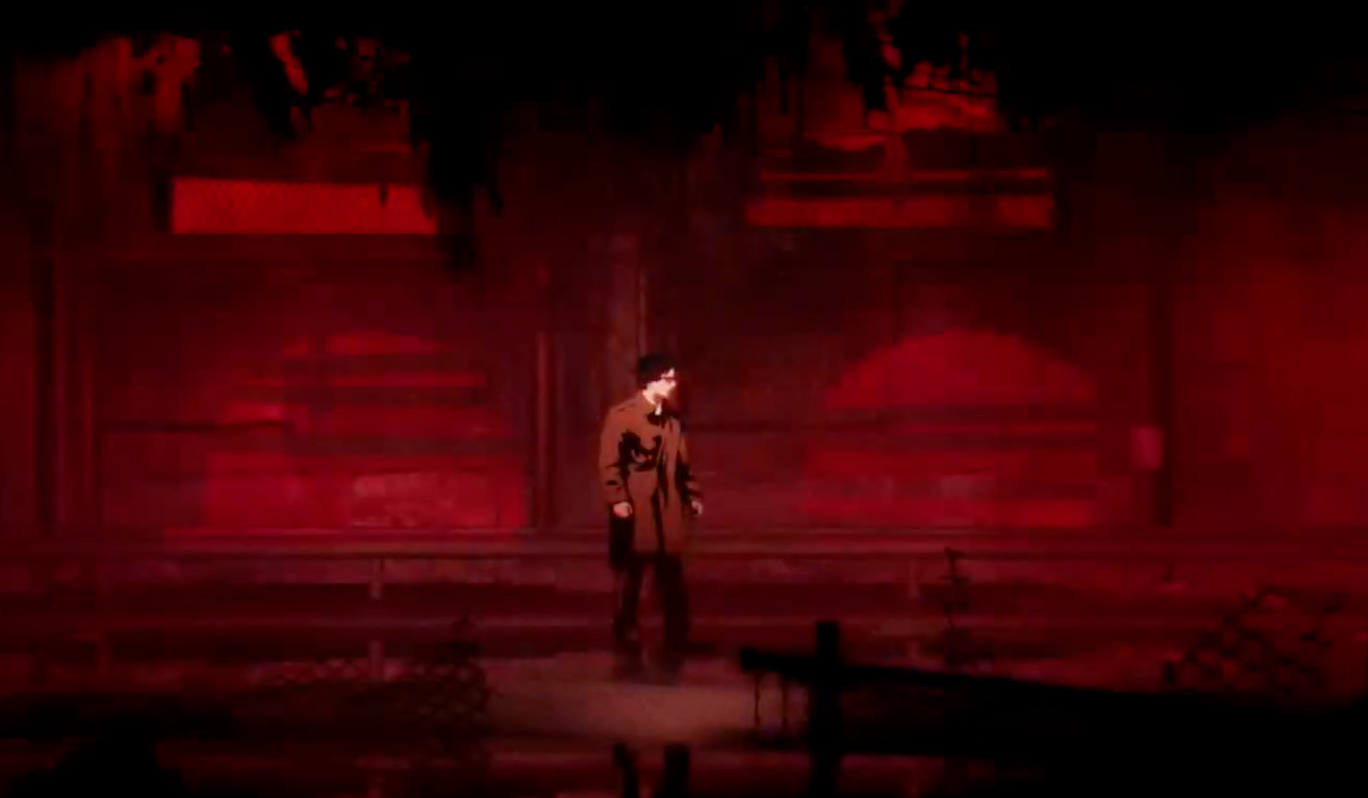 Red Walker at the red-lit opening of the tunnel boss encounter.
