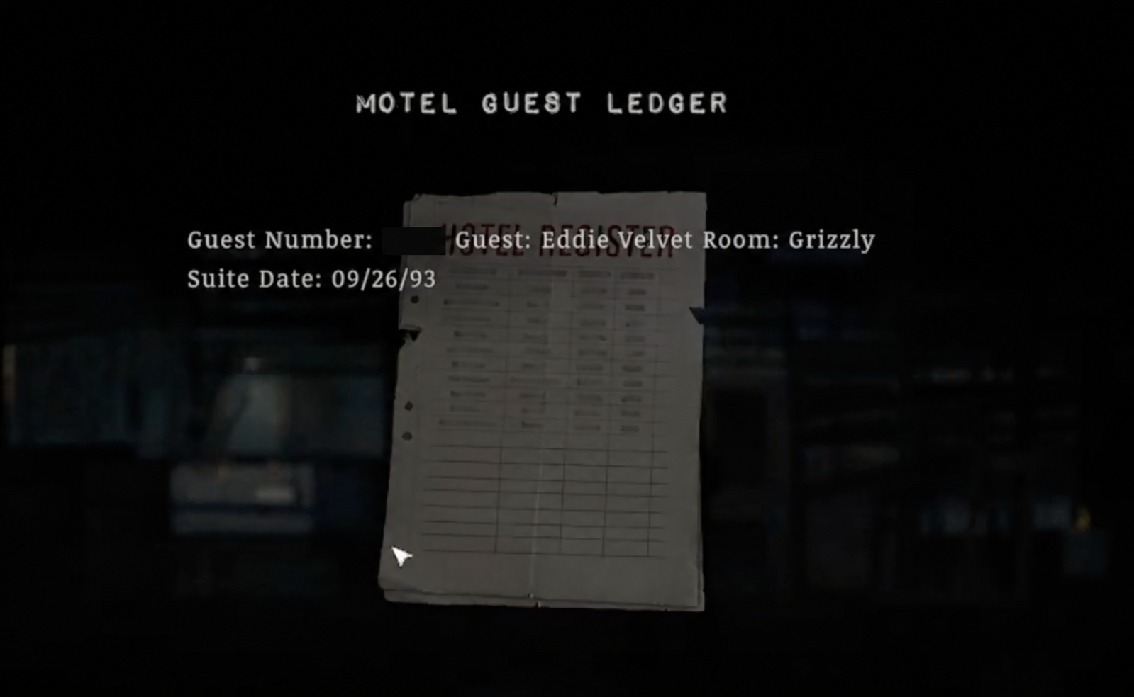 The Crimson Bear Motel guest ledger identifying Eddie Velvet and the Grizzly Suite, with the guest number redacted.